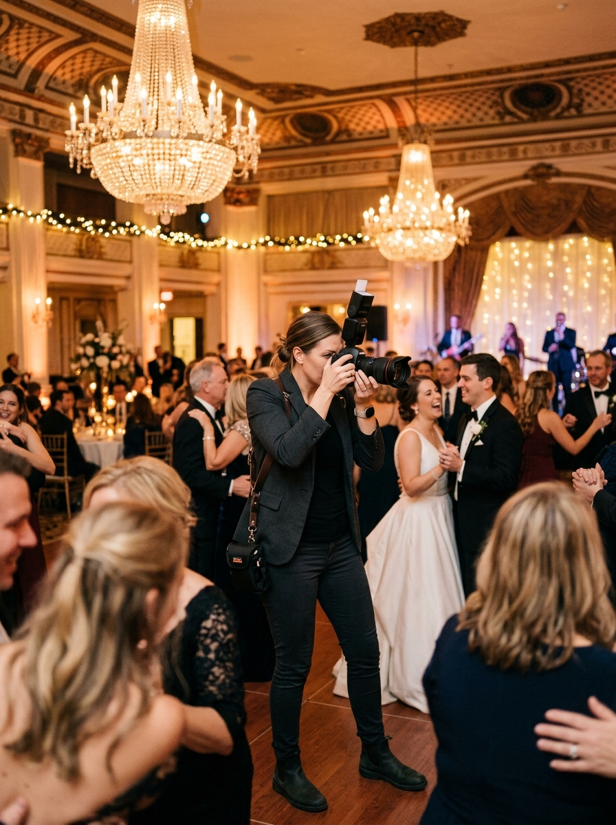Professional wedding photographer capturing moments at an elegant venue