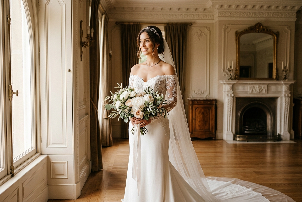 Stunning bridal portrait with natural window lighting and rose bouquet
