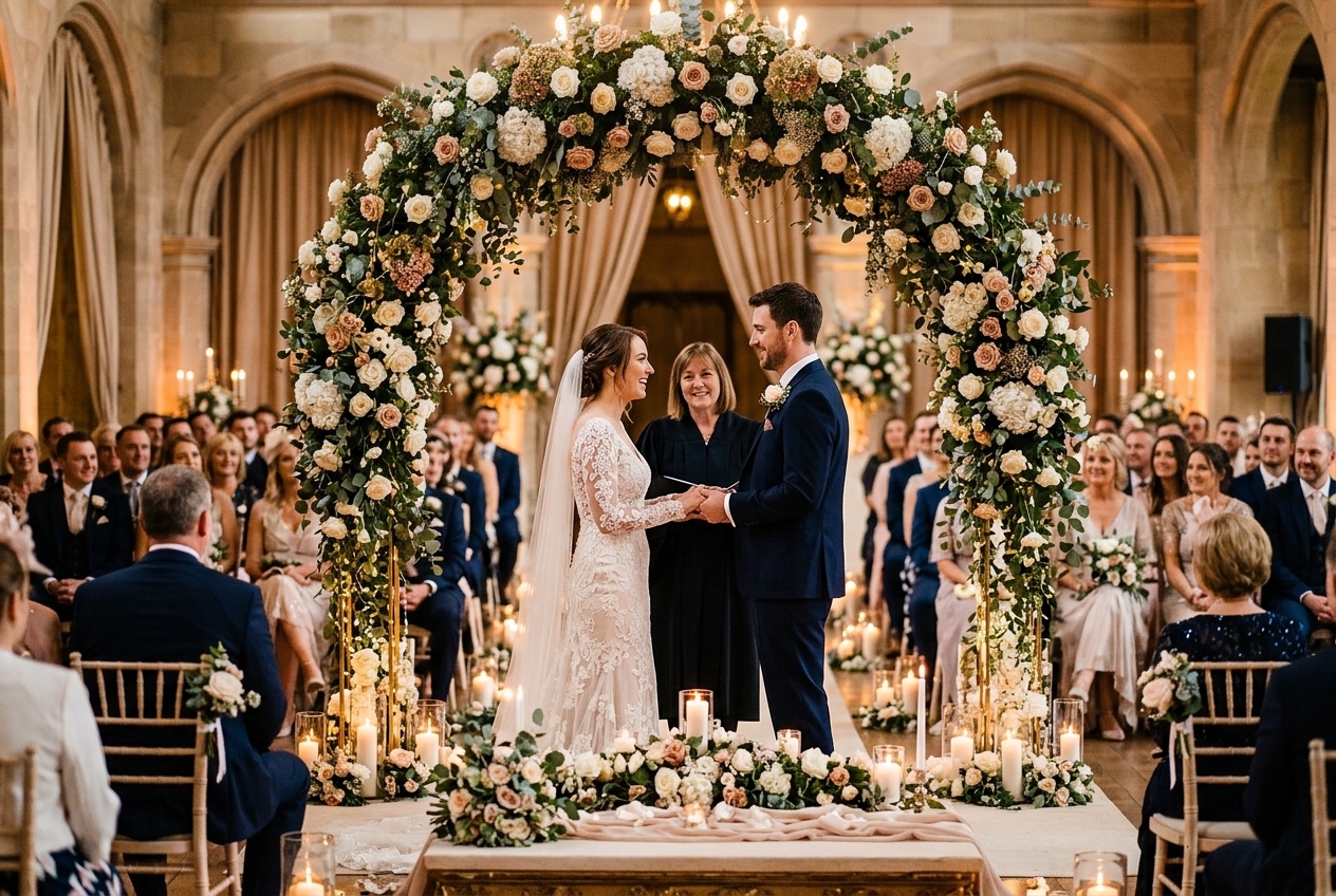 Elegant wedding ceremony with floral arch and warm golden lighting