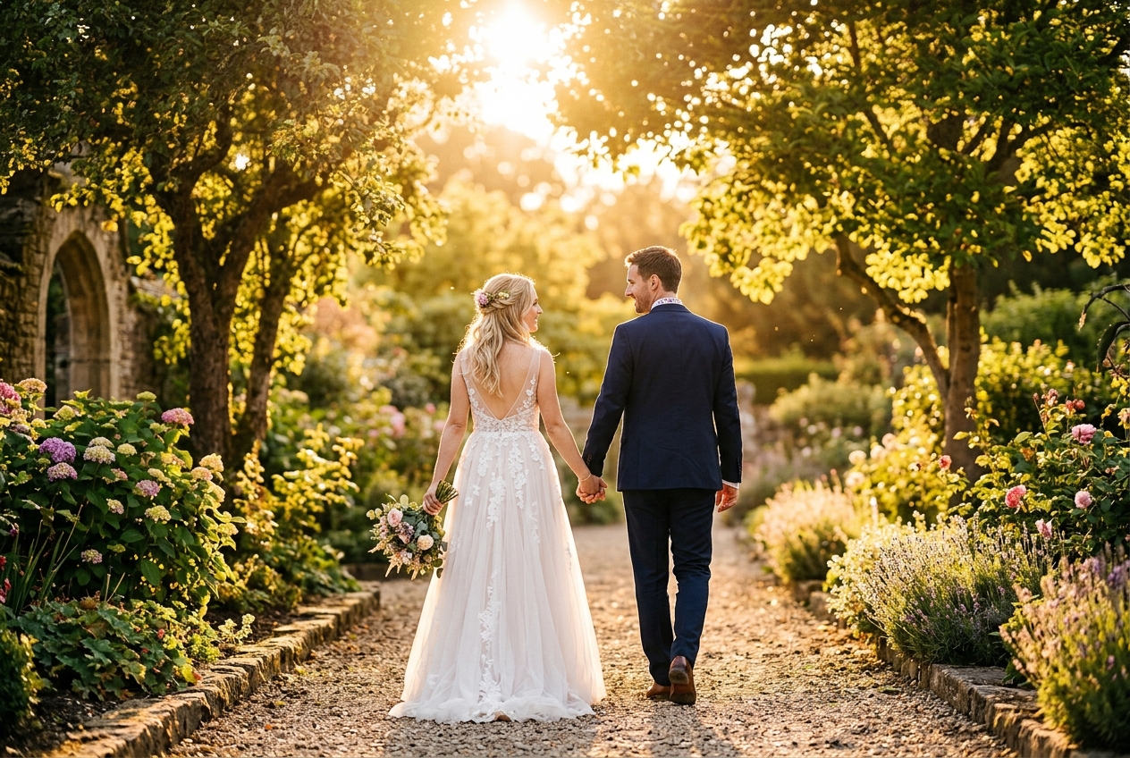 Romantic couple walking hand in hand at golden hour sunset