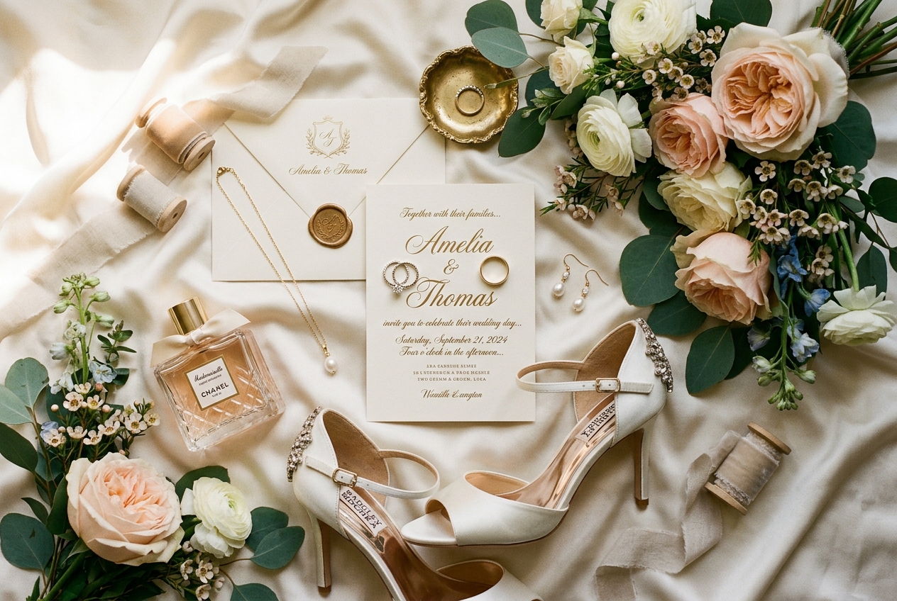 Wedding details flat lay with rings, shoes, and flowers