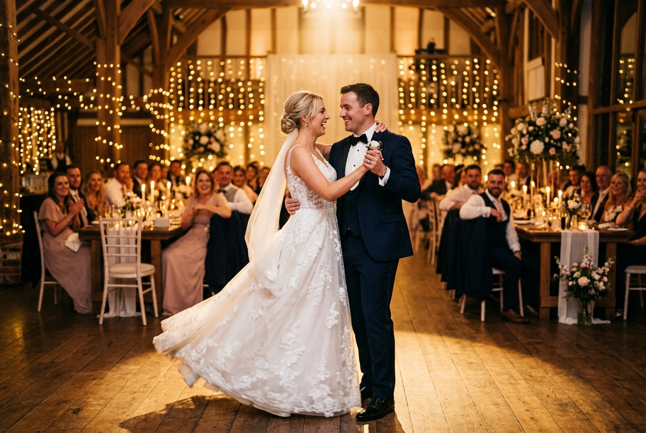 Beautiful first dance with warm golden lighting and string lights