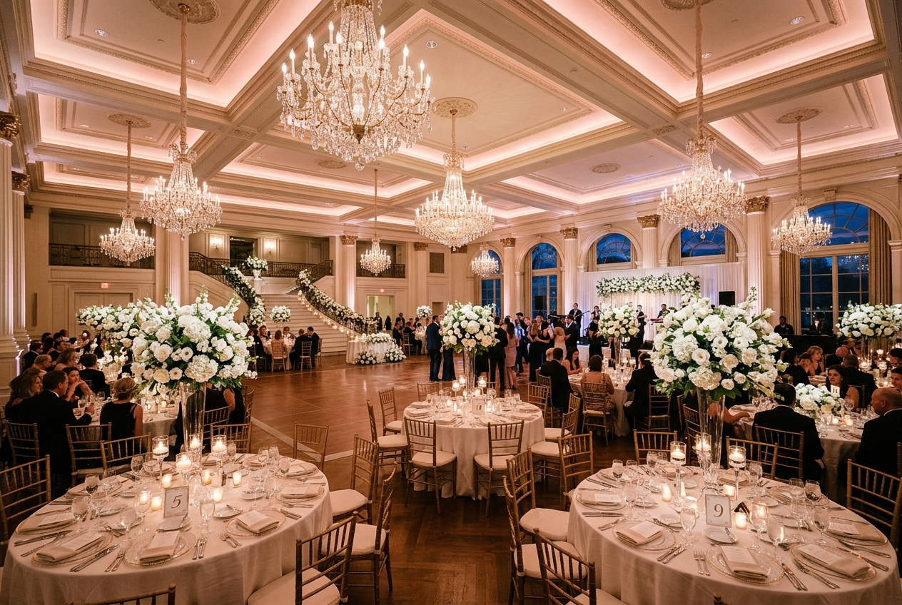 Luxurious wedding reception venue with crystal chandeliers