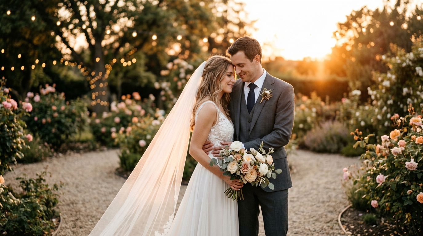 Beautiful wedding couple at golden hour sunset - Eternal Moments Photography